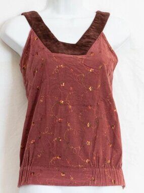 VGT Handcrafted Embroidered Corduroy Boho Sleeveles Top Elastic Hem Maroon Sz S
